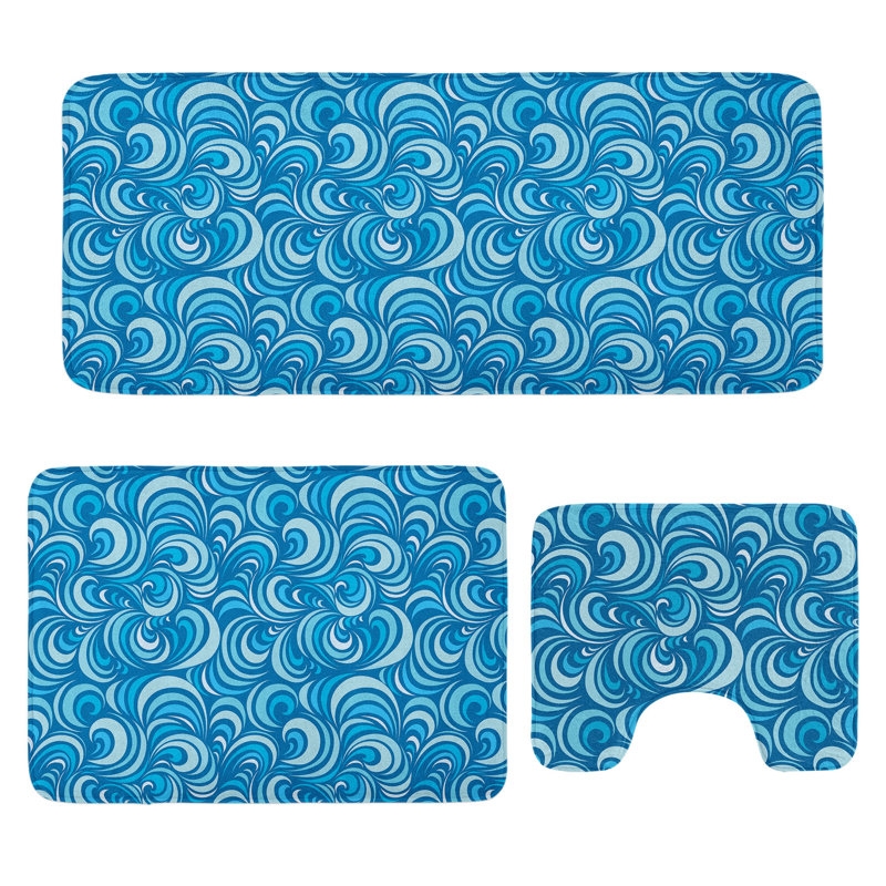  Ensemble de 3 tapis de salle de bain bleus et tapis rectangulaires en U bleu pâle