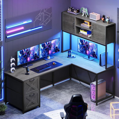 Jimmya Modular L-Shaped Steel Computer Desk with Built-In Electrical Outlet