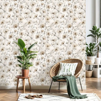Papier peint auto-adhésif à motif floral beige délicat à motif de feuilles blanches et de feuilles grises amovibles auto-adhésives pour salle de bain 24 po x 118 po