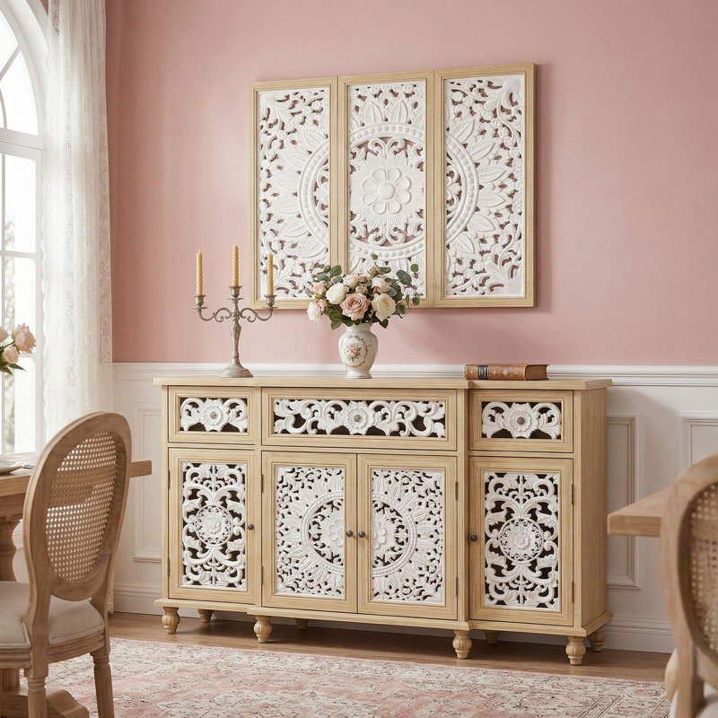 59.1" W Sideboard Cabinet Buffet Storage Cabinet With Wall Hanging Decorations