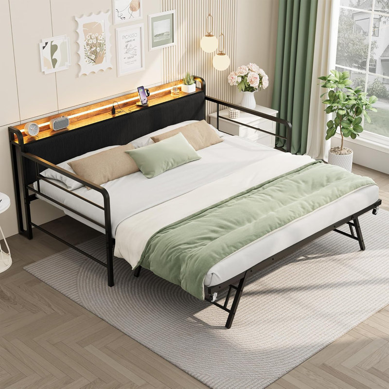Twin Size Daybed with Trundle, LED Lighting, Metal Frame, Upholstered Headboard & Built-In Charging Station, Black