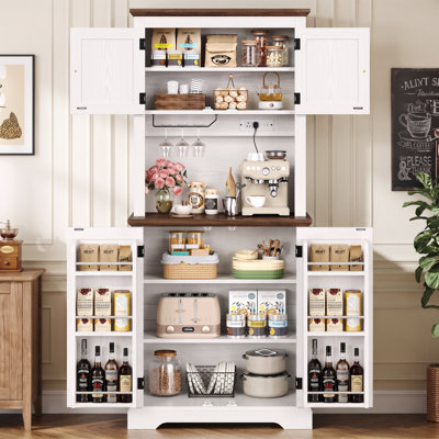 71.65" H Farmhouse Kitchen Pantry Cabinet with Power Outlet and Microwave Stand