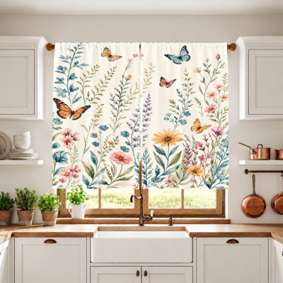 2Pcs Watercolor Floral Butterfly Curtains, Light Filtering Fabric, Botanical Garden Print, Vintage Pattern, Decorative Rod Pocket for Living Room Bedroom Balcony Kitchen Home Decoration