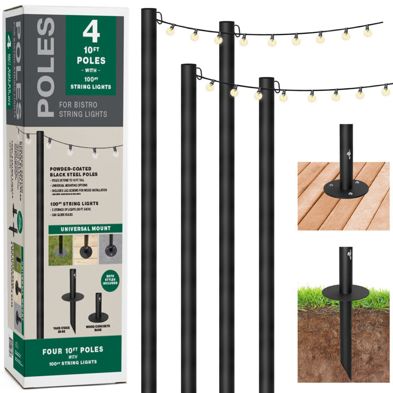 10 FT Outdoor String Light Poles for Backyard, 4-Pack, Bistro String Light Poles Includes 100 ft. of G40 LED Bulb Lights, Poles Extends up to 10 FT
