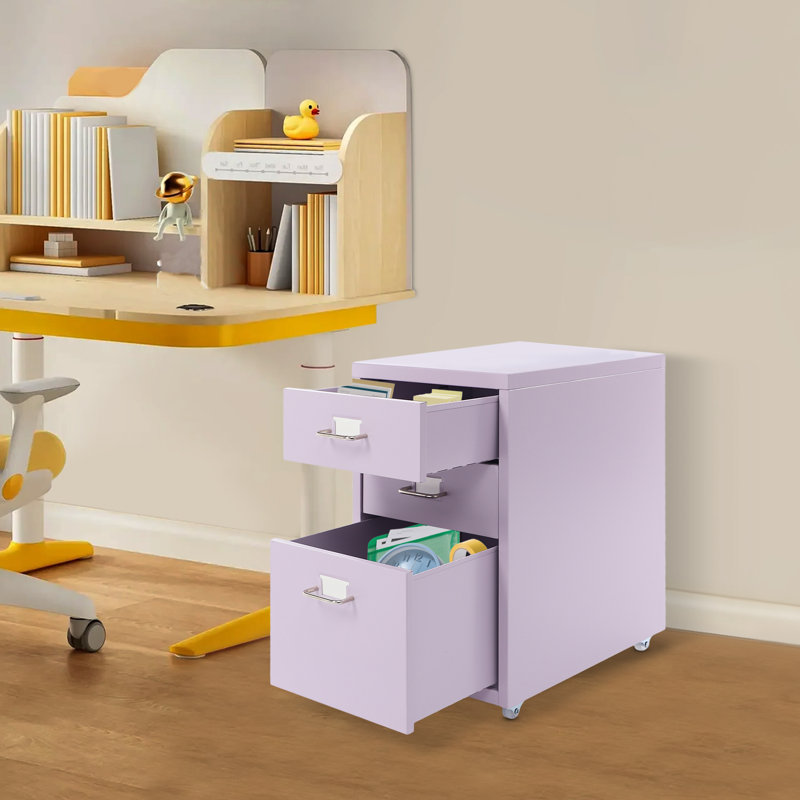 Filing Cabinet With 3 Drawers Mobile Filing Cabinet Metal Storage Cabinet With Wheels For Home And Office, Purple