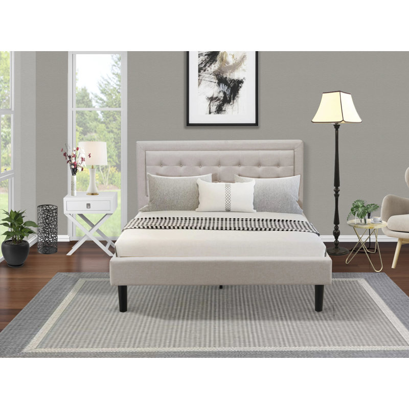 Ensemble de lit plateforme grand 2 pièces avec 1 lit plateforme et une table de bout pour la chambre à coucher - Fabrication fiable et durable - Tissu en lin bleu denim
