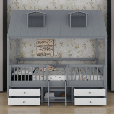 Wood Bed Frame, House Shaped with Guardrails