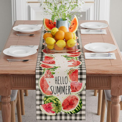 Hello Summer Watermelon Table Runner – Black And White Buffalo Plaid Farmhouse Kitchen Table Decor For Holiday Party & Home Decoration