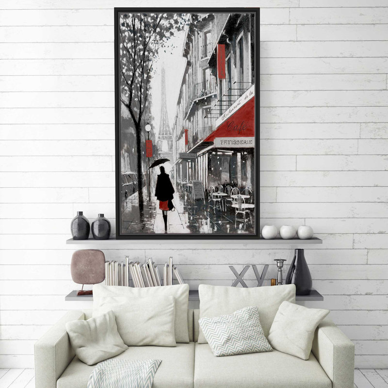 «Rainy Paris I» par E. Anthony Orme - Peinture, H 63,5 po x l 39,5 po x P 2 po, Cadre flottant noir
