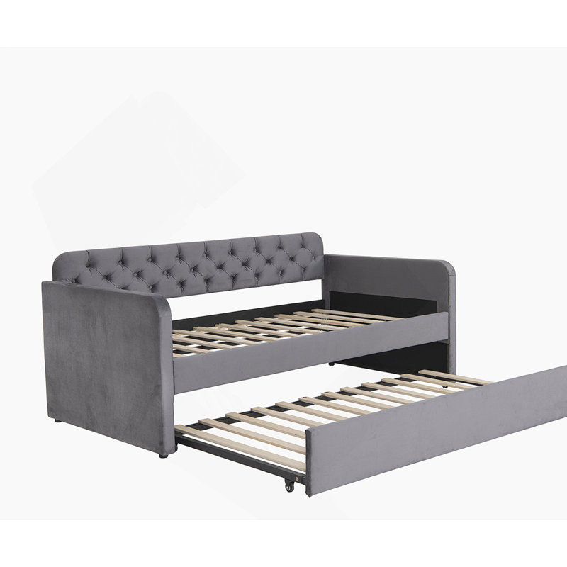 Lit de jour rembourré avec lit gigogne et chargement USB, cadre rembourré en velours pour le salon ou la chambre à coucher, aucun sommier nécessaire
