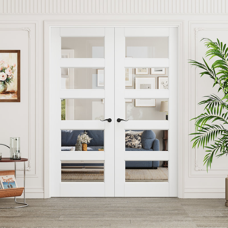 Porte intérieure à 5 carreaux en verre clair, portes françaises en MDF CARB P2 et verre trempé SGCC, quincaillerie noire mate - poignée de porte avec serrure, loquet et charnières, préfinie et imperméable, garde-manger, chambre, salle de bain et placard, teinture facile à faire soi-même, 162,5 cm x 203,2 cm