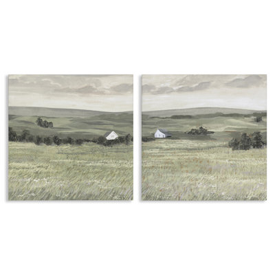 Traditional Distant Farmhouse Field  2 PC Canvas Wall Art Set by Victoria Borges