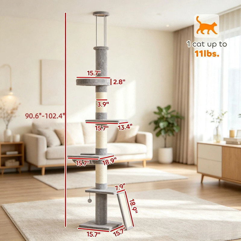 Arbre à chat réglable du sol au plafond (90,6 à 102,4 pouces), tour verticale à 5 niveaux avec support stable à 3 barres pour grimper, se percher et se reposer à l’intérieur.