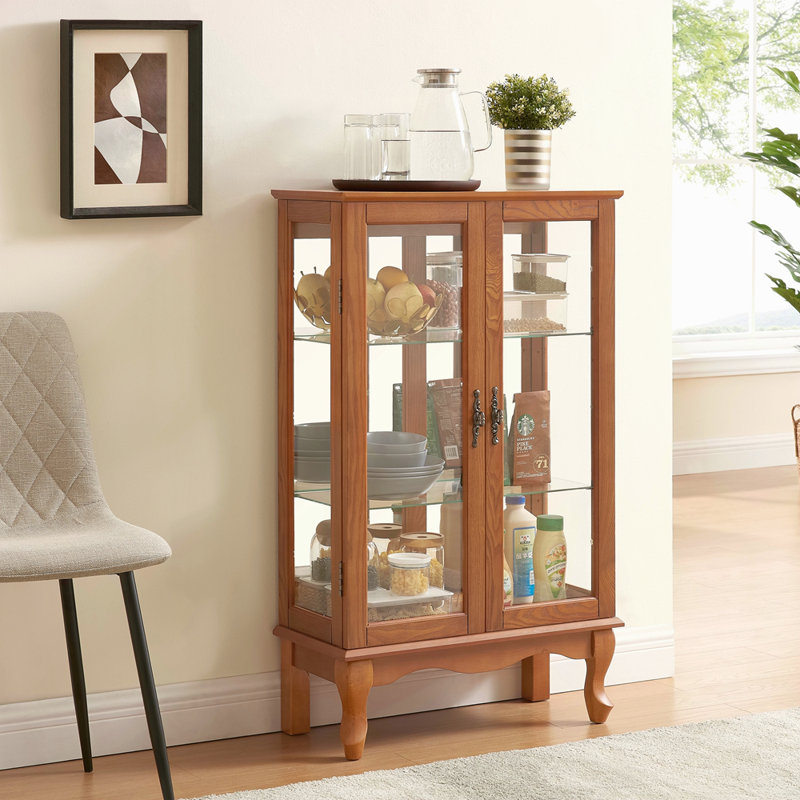 Élégante armoire vitrée à 2 portes avec portes en verre trempé, panneau arrière en miroir et tablettes réglables - vitrine lumineuse pour la maison et le bureau (ampoule incluse)