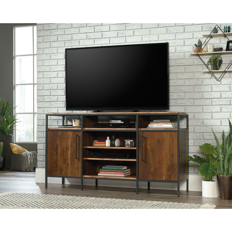 Grand Walnut and Black Metal TV Stand with Adjustable Shelves