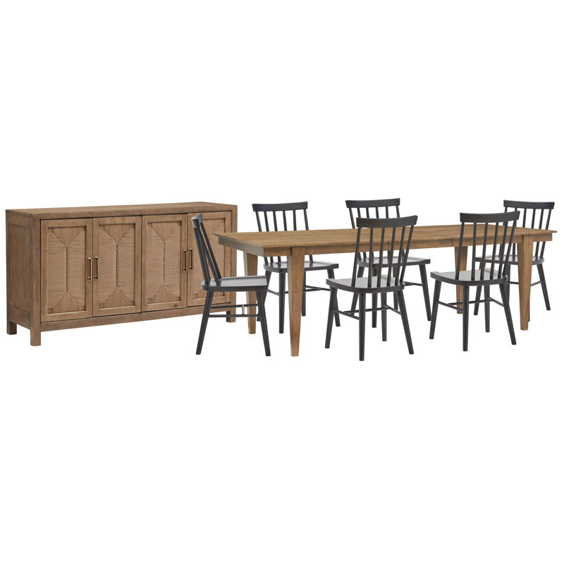 Extendable Rectangular Dining Table With 4 Grey Side Chairs, 8 Pcs: Table, 6 Chairs, Sideboard
