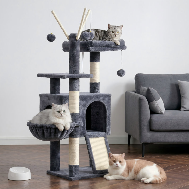 Tour pour arbre à chat 41,3 po, poteaux à griffer avec jouets amovibles, condo confortable, plateforme, hamac, planche à gratter en sisal, balle, pour chatons d'intérieur, gris fumé