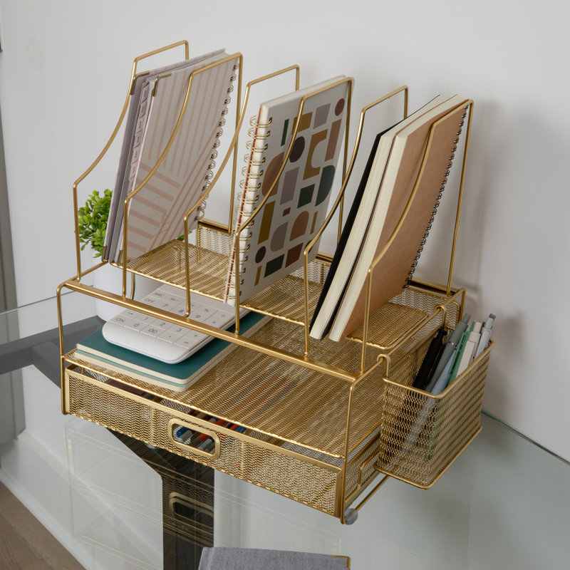 Gold Mesh Metal Large Desktop Organizer with Drawer and File Holder