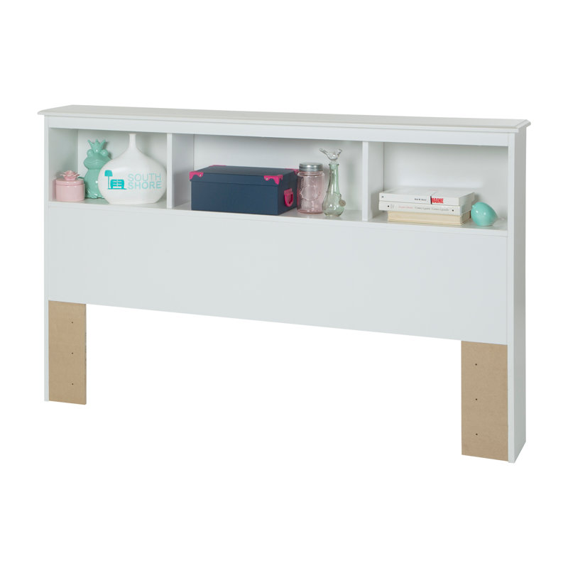 Full White Wood Bookcase Headboard with Storage