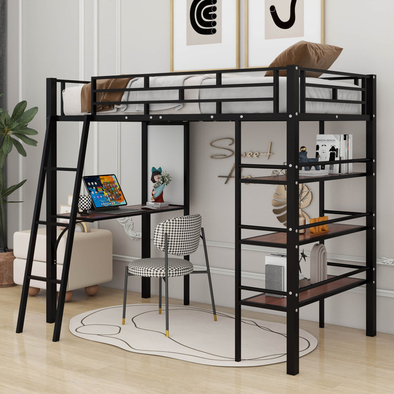 Lit mezzanine en métal Ahrya avec 3 couches de tablettes et bureau, Noir