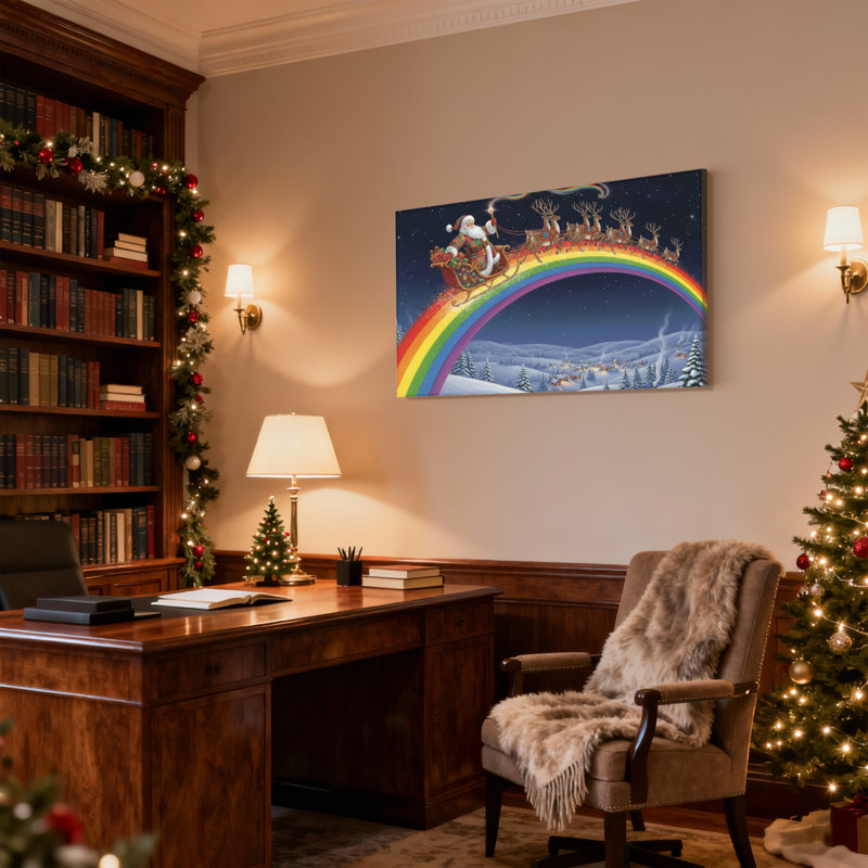 «Christmas Santa Flying Over Rainbow», ensemble de 3 reproductions d'art sur toile, H 24 po x l 36 po
