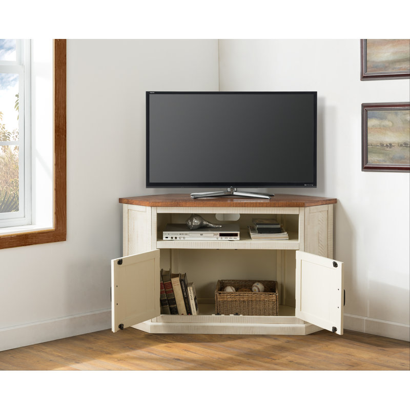 Kinsella 50" Solid Wood Corner TV Stand with Storage, Antique White/Honey Tobacco