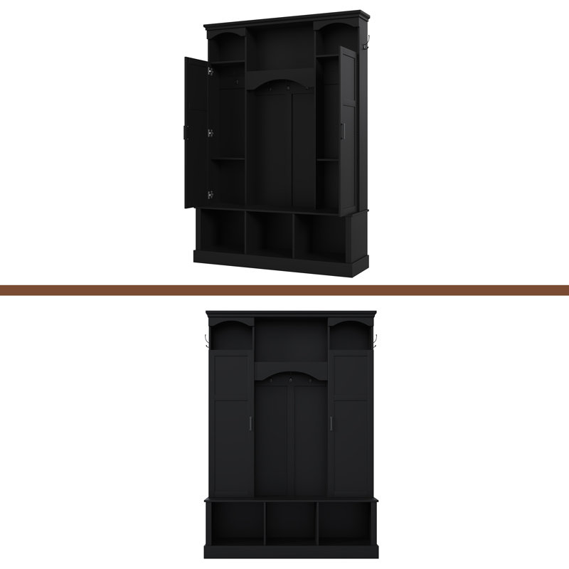 Modern All-In-One Hall Tree With Adjustable Shelves, Classic Arched Farmhouse Storage Bench With Dual Side Cabinets, Elegant Entryway Organizer With 7 Hooks For Mudroom, Hallway