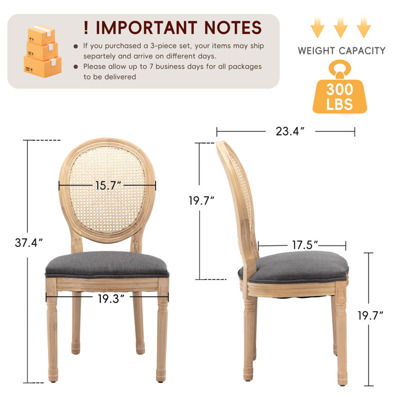French Style Rattan Back Solid Wood Upholstered Dining Chairs(Set of 2), Gray