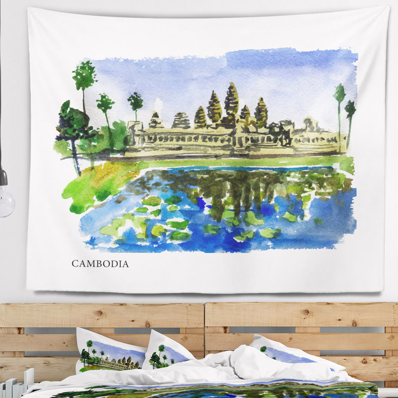 Paysage urbain cambodge vector illustration tapisserie, H 32 po x l 39 po
