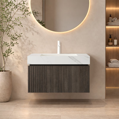 Meuble-lavabo suspendu de luxe de 91 cm (36 po) avec comptoir en pierre frittée et lavabo en céramique, style milieu du siècle.