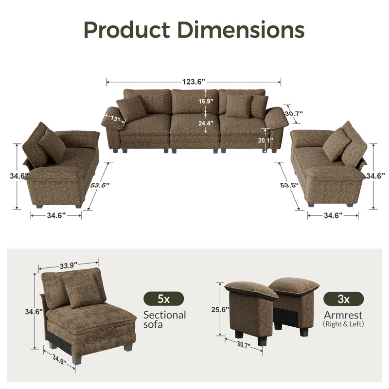 Ensemble de canapé modulaire rembourré 3 pièces, ensemble de canapé surdimensionné avec canapé et fauteuils, Chenille brun