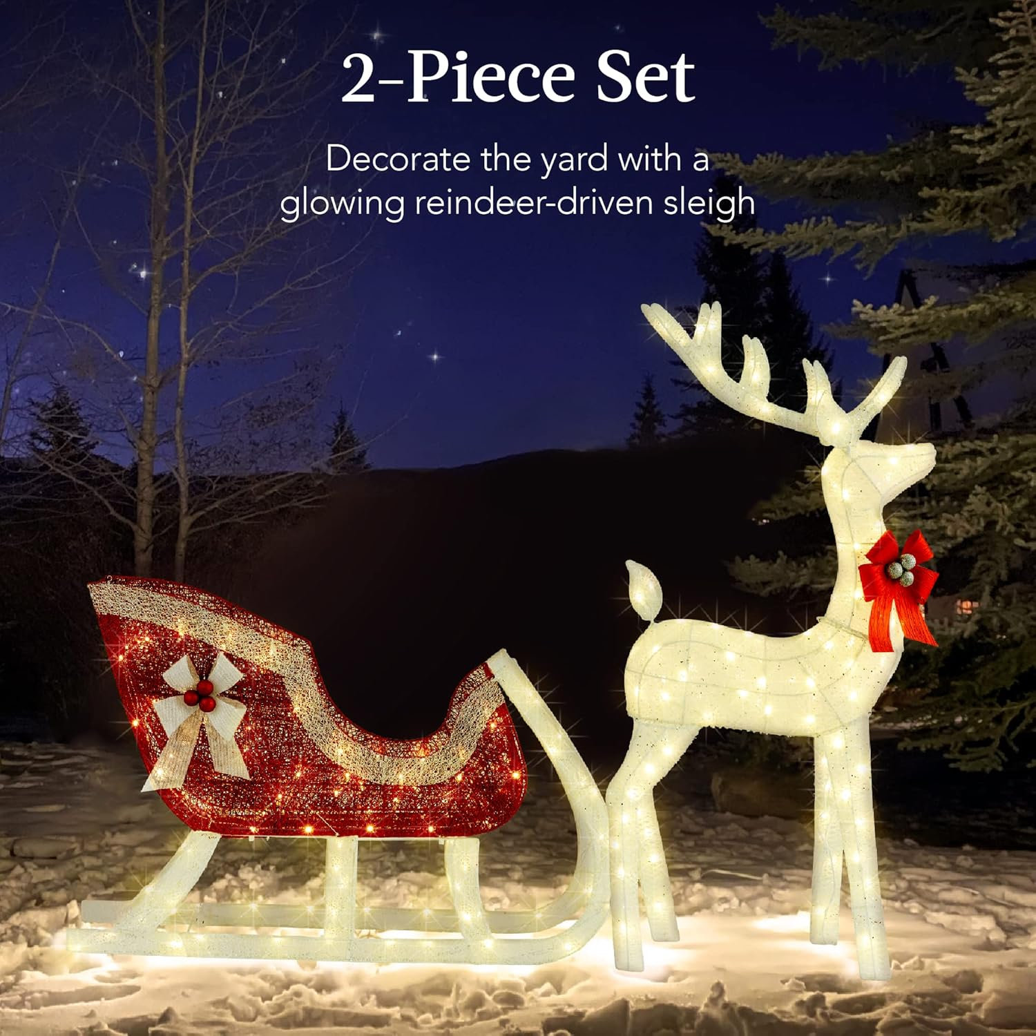 Lighted Reindeer Sleigh Yard Display, White, 48"H x 62"W x 10"D