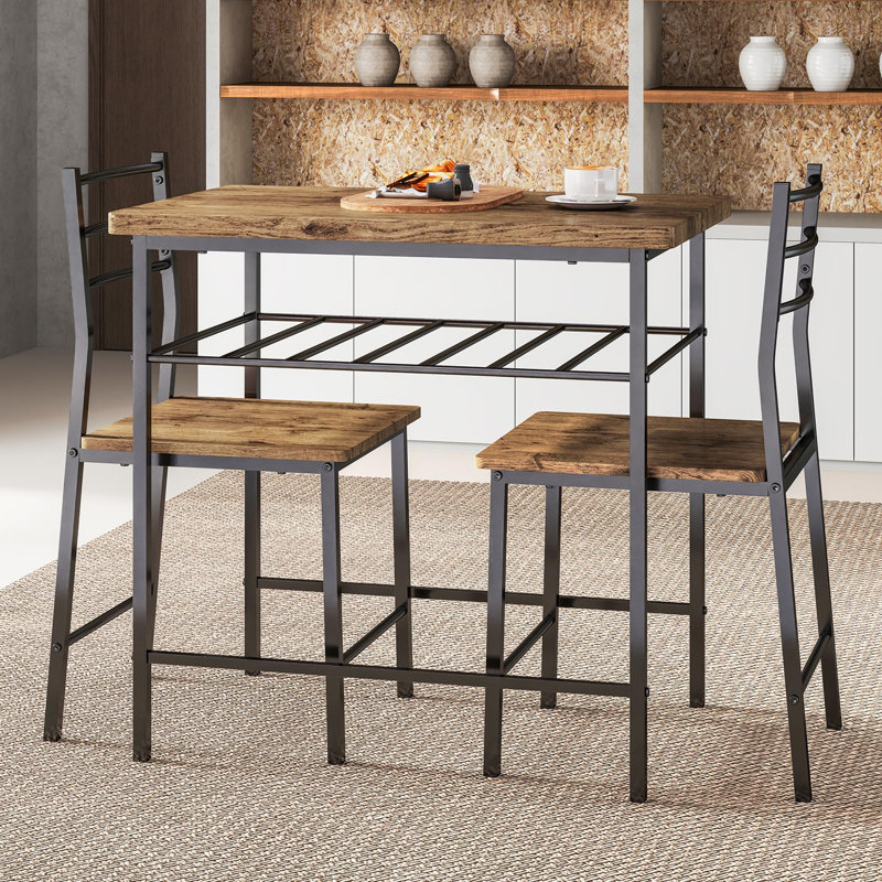 Ensemble de table de salle à manger moderne 3 pièces avec table carrée, 2 chaises et support de rangement, structure en acier, brun