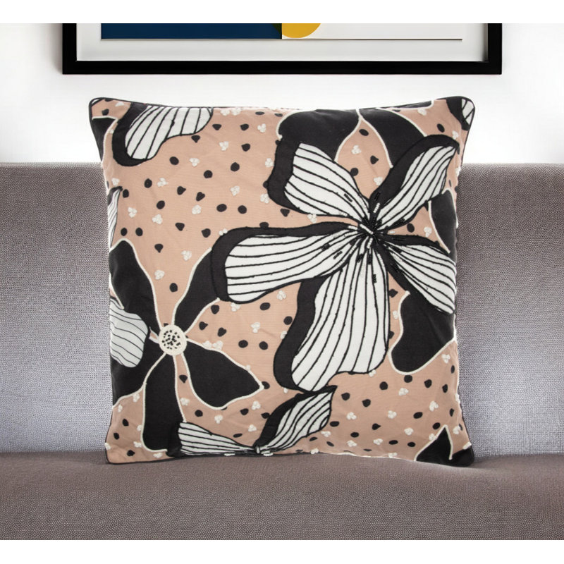 20" Beige and Black Embroidered Floral Polyester Throw Pillow