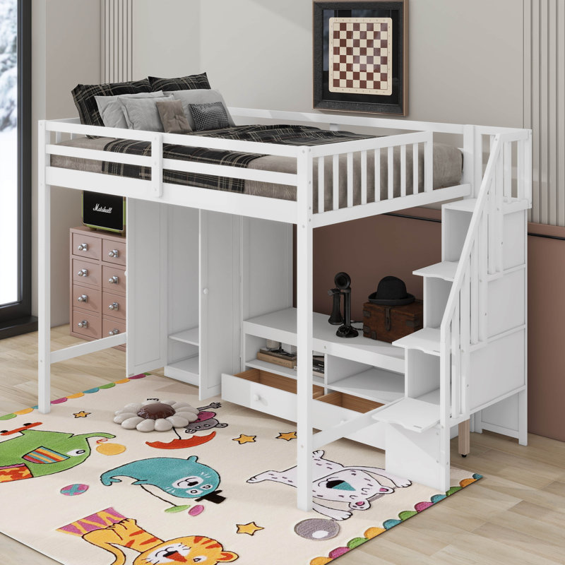 Une base de lit mezzanine pleine grandeur avec garde-robe intégrée et escalier de rangement, Blanc