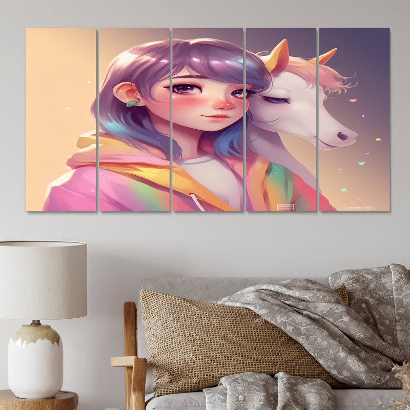Mignon compagnon de licorne - salon d'art mural à licorne fantastique - 5 panneaux égaux