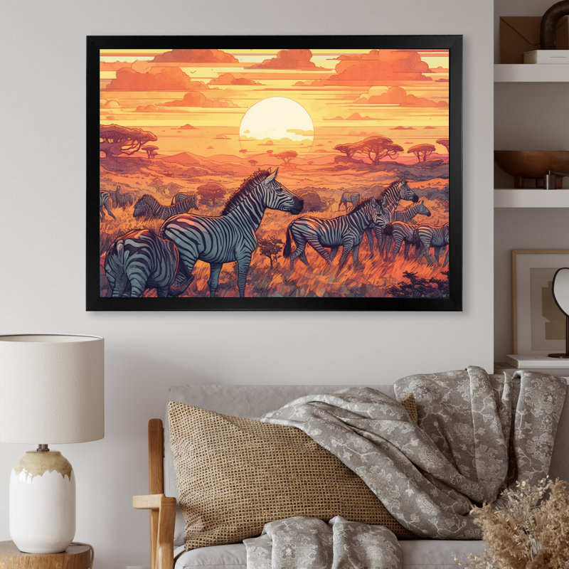 Safari africain orange avec zèbres sur toile, Cadre photo noir, H 12 po x l 20 po x P 1 po