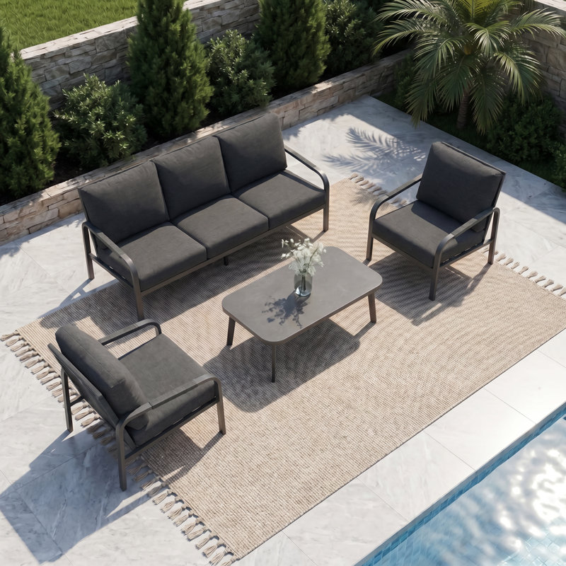 4-Piece Outdoor Sofa Set With Coffee Table – 3-Seater Aluminum Frame, PE Rattan Backrest & Waterproof Cushions For Patio Garden, Grey