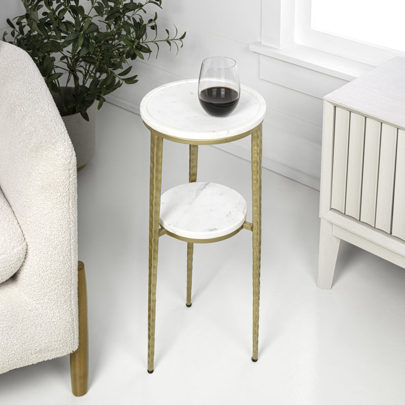 Table basse moderne à 2 niveaux en marbre blanc Seraphina 25 po, petite table de bout d'appoint en métal doré mat pour le salon et la chambre