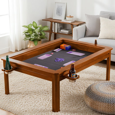 Solid Wood Board Game Table For 4-6, D&D/Puzle Table W/ Game Mat, 4 Cup Holders, Coffee Table W/ Removable Top
