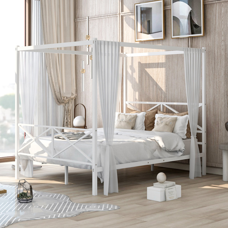 Nadene Canopy Bed, Platform Bed, Bed Frame with X Shaped Frame, Full / Double, White