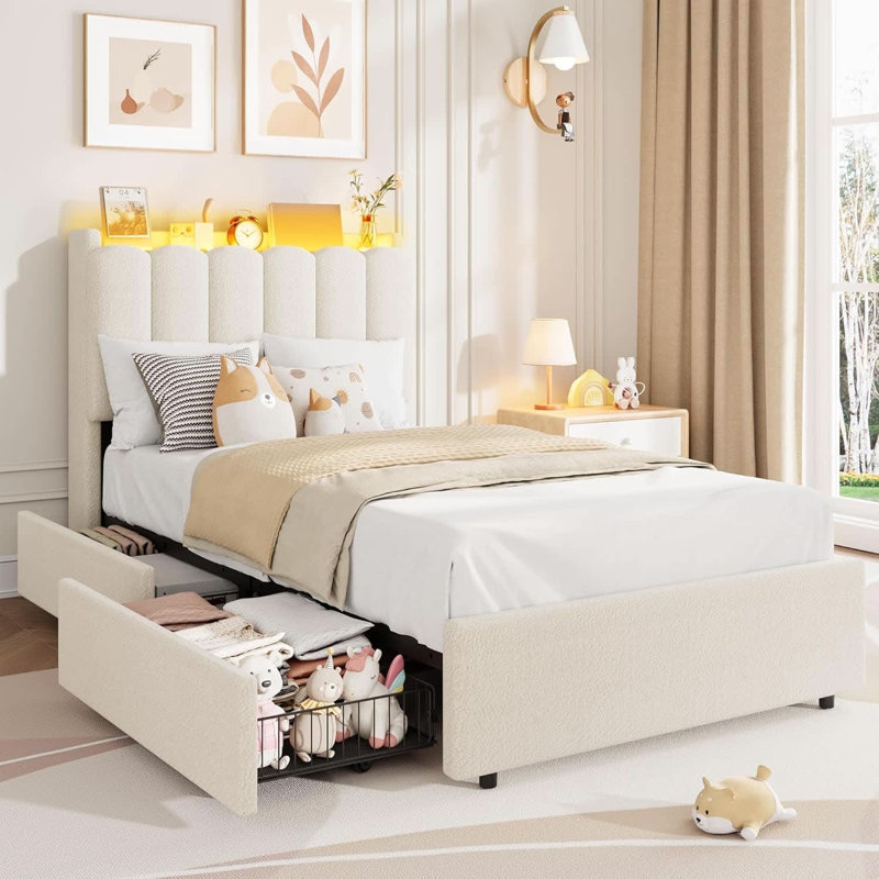 Lit plateforme simple tapissier simple TG avec tête de lit ondulée - Bibliothèque de rangement - 2 tiroirs - Aucun sommier nécessaire - Solution pour chambre à coucher blanche
