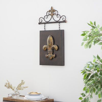 Metal Suspended Fleur De Lis Bronze Wall Decor with Scrollwork Hanger