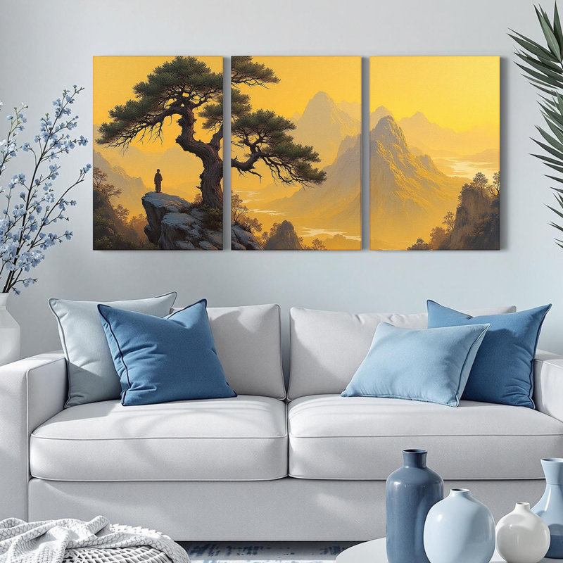 Tableau sur toile tendue représentant un paysage de montagne avec un pin et son reflet (lot de 3), H 24 po x l 48 po