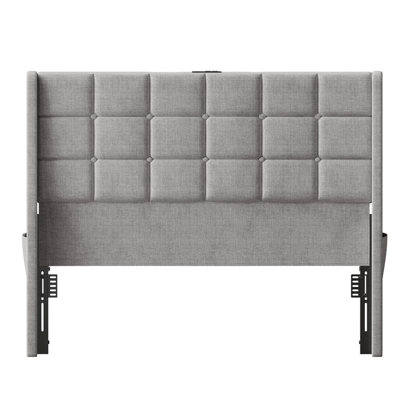 Ergonomic Upholstered Wingback Headboard With USB Charging Station And Storage Pockets, Tufted Linen, Bed Frame Compatible
