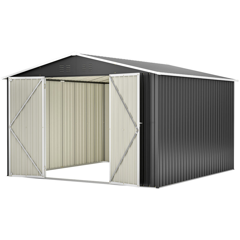 Grande remise extérieure en métal 10 pi x 10 pi, cadre robuste noir, portes doubles coulissantes verrouillables, toutes saisons pour patio, pelouse et cour arrière, outils de jardinage spacieux, ventilation et imperméable