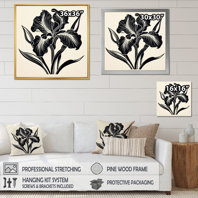 Iris monochrome en noir et blanc I sur toile, H 24 po x l 24 po x P 1 po, Cadre simple noir
