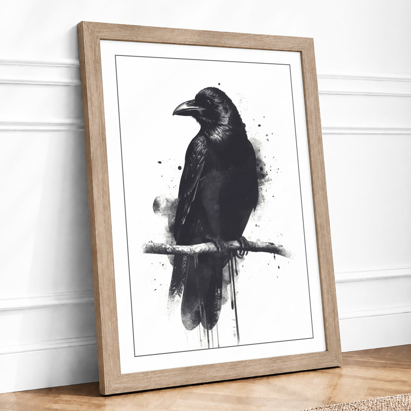 Raven in Ink Japandi - Framed Print, Oak, A4 - 29.7 x 21.0 cm