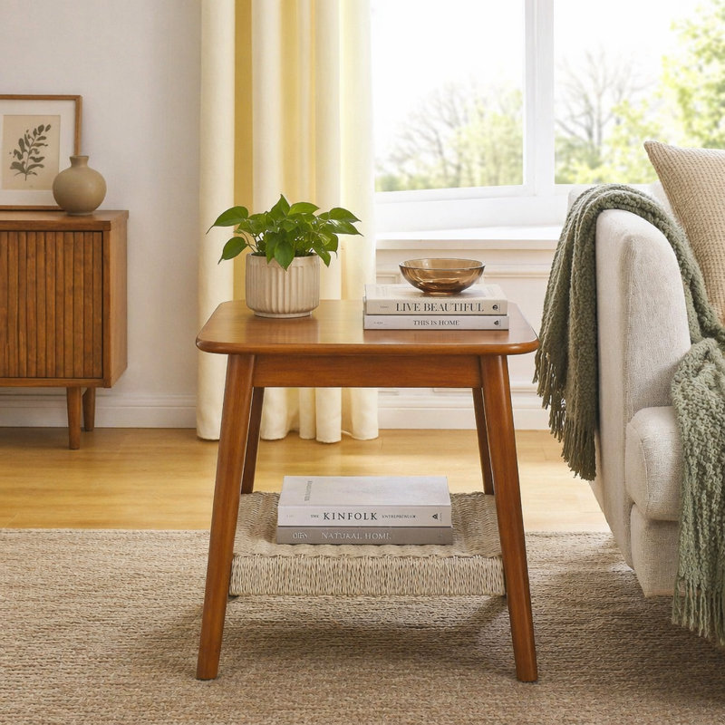 Table d'appoint 23 "Mid-Century avec tablette tissée, table d'appoint Boho avec rangement