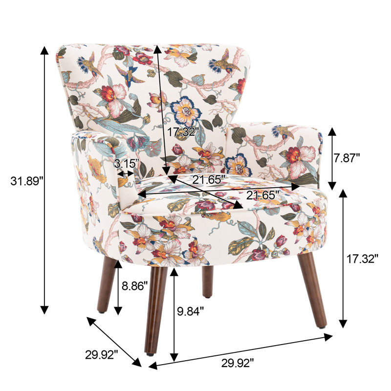 Upholstered Mid Century Modern Floral Accent Armchair with Solid Wood Legs, Beige